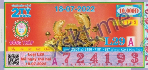 Mẫu vé sô xổ số Đồng Tháp ngày 18/7/2022
