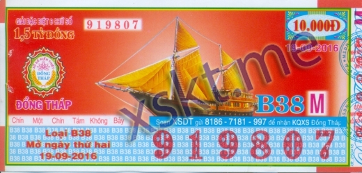 Mẫu vé sô xổ số Đồng Tháp ngày 19/9/2016