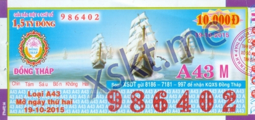 Mẫu vé sô xổ số Đồng Tháp ngày 19/10/2015