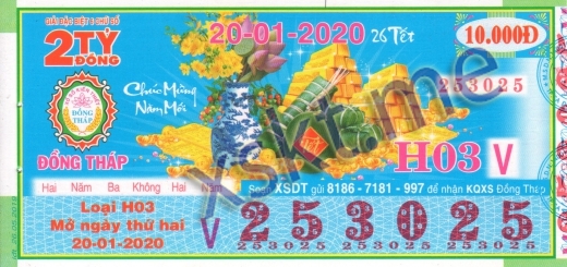 Mẫu vé sô xổ số Đồng Tháp ngày 20/1/2020