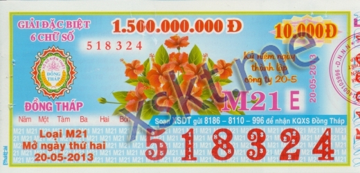 Mẫu vé sô xổ số Đồng Tháp ngày 20/5/2013