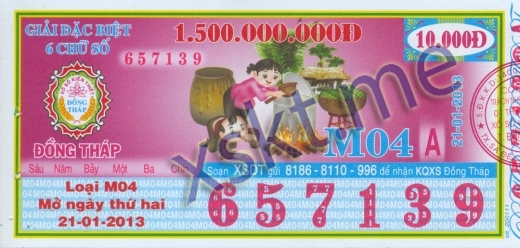 Mẫu vé sô xổ số Đồng Tháp ngày 21/1/2013