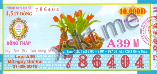 Mẫu vé sô xổ số Đồng Tháp ngày 21/9/2015
