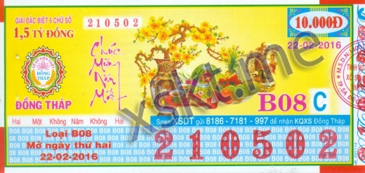 Mẫu vé sô xổ số Đồng Tháp ngày 22/2/2016