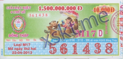 Mẫu vé sô xổ số Đồng Tháp ngày 22/4/2013