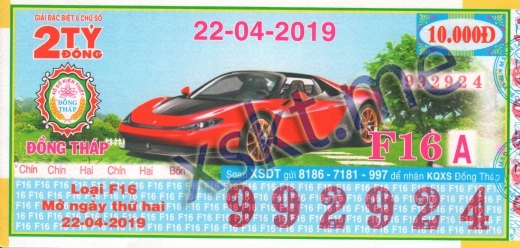 Mẫu vé sô xổ số Đồng Tháp ngày 22/4/2019