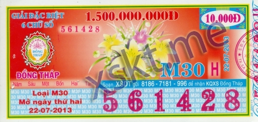 Mẫu vé sô xổ số Đồng Tháp ngày 22/7/2013