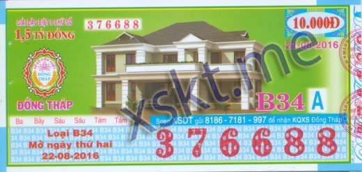 Mẫu vé sô xổ số Đồng Tháp ngày 22/8/2016