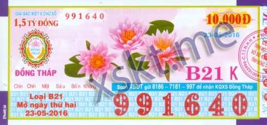 Mẫu vé sô xổ số Đồng Tháp ngày 23/5/2016
