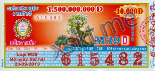 Mẫu vé sô xổ số Đồng Tháp ngày 23/9/2013