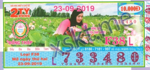 Mẫu vé sô xổ số Đồng Tháp ngày 23/9/2019