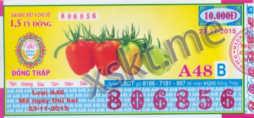 Mẫu vé sô xổ số Đồng Tháp ngày 23/11/2015