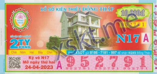Mẫu vé sô xổ số Đồng Tháp ngày 24/4/2023