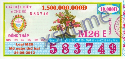 Mẫu vé sô xổ số Đồng Tháp ngày 24/6/2013
