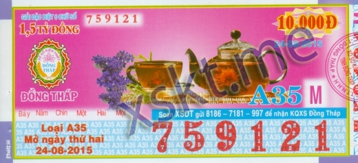 Mẫu vé sô xổ số Đồng Tháp ngày 24/8/2015