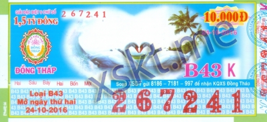 Mẫu vé sô xổ số Đồng Tháp ngày 24/10/2016