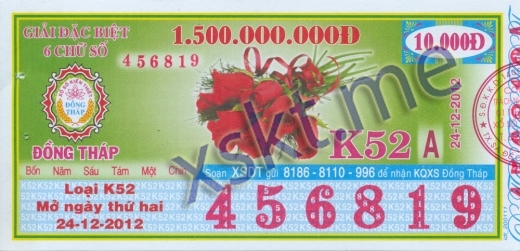 Mẫu vé sô xổ số Đồng Tháp ngày 24/12/2012