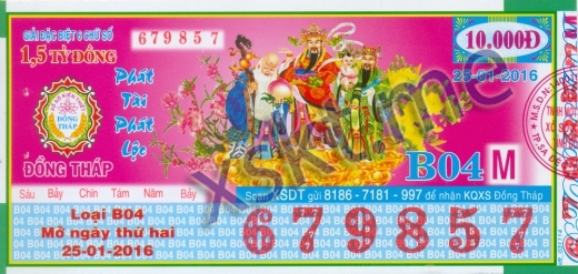 Mẫu vé sô xổ số Đồng Tháp ngày 25/1/2016