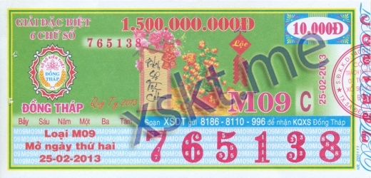 Mẫu vé sô xổ số Đồng Tháp ngày 25/2/2013