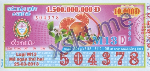 Mẫu vé sô xổ số Đồng Tháp ngày 25/3/2013