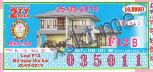 Mẫu vé sô xổ số Đồng Tháp ngày 25/3/2019