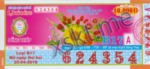 Mẫu vé sô xổ số Đồng Tháp ngày 25/4/2016