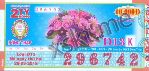 Mẫu vé sô xổ số Đồng Tháp ngày 26/3/2018