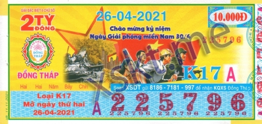 Mẫu vé sô xổ số Đồng Tháp ngày 26/4/2021