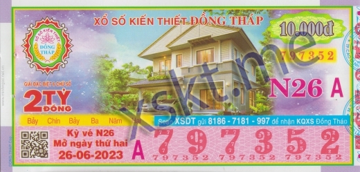 Mẫu vé sô xổ số Đồng Tháp ngày 26/6/2023