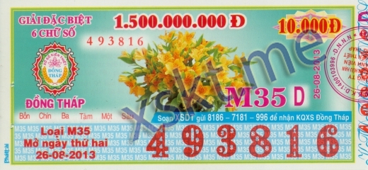 Mẫu vé sô xổ số Đồng Tháp ngày 26/8/2013