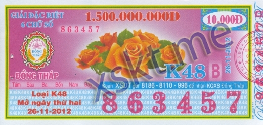 Mẫu vé sô xổ số Đồng Tháp ngày 26/11/2012