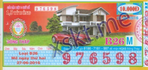 Mẫu vé sô xổ số Đồng Tháp ngày 27/6/2016