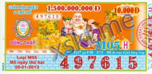 Mẫu vé sô xổ số Đồng Tháp ngày 28/1/2013
