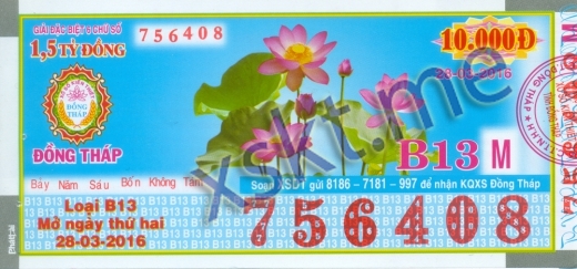 Mẫu vé sô xổ số Đồng Tháp ngày 28/3/2016