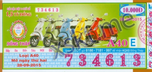 Mẫu vé sô xổ số Đồng Tháp ngày 28/9/2015