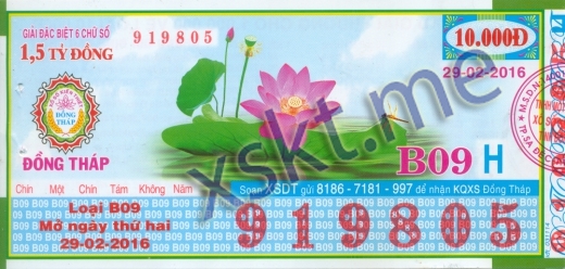 Mẫu vé sô xổ số Đồng Tháp ngày 29/2/2016