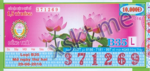 Mẫu vé sô xổ số Đồng Tháp ngày 29/8/2016