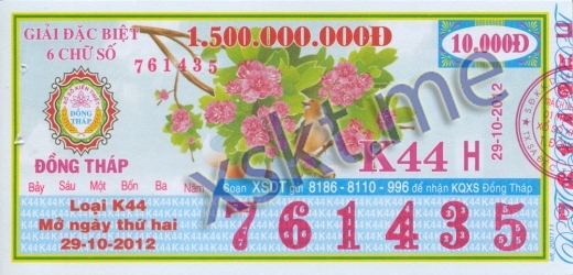Mẫu vé sô xổ số Đồng Tháp ngày 29/10/2012