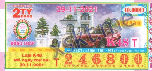 Mẫu vé sô xổ số Đồng Tháp ngày 29/11/2021