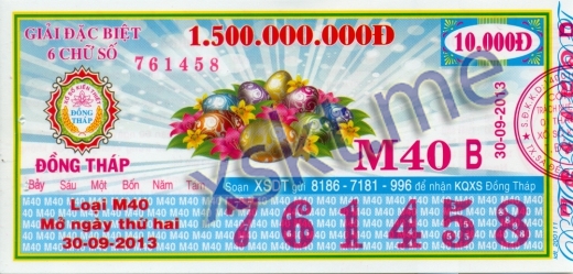 Mẫu vé sô xổ số Đồng Tháp ngày 30/9/2013