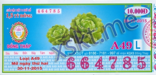 Mẫu vé sô xổ số Đồng Tháp ngày 30/11/2015