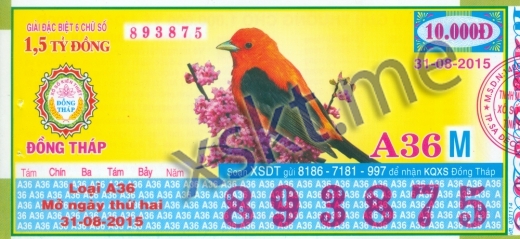 Mẫu vé sô xổ số Đồng Tháp ngày 31/8/2015