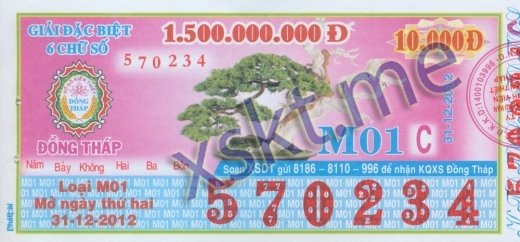 Mẫu vé sô xổ số Đồng Tháp ngày 31/12/2012