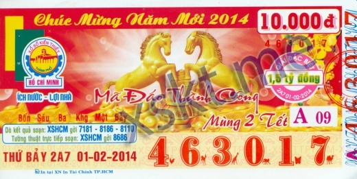 Mẫu vé sô xổ số Hồ Chí Minh ngày 1/2/2014