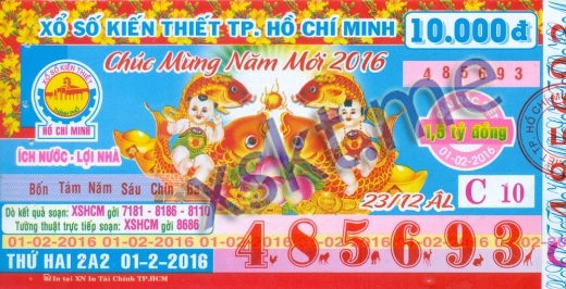 Mẫu vé sô xổ số Hồ Chí Minh ngày 1/2/2016
