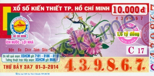 Mẫu vé sô xổ số Hồ Chí Minh ngày 1/3/2014