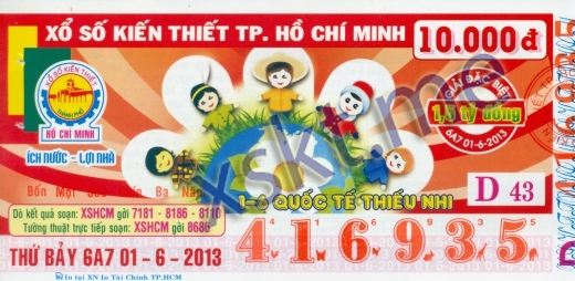 Mẫu vé sô xổ số Hồ Chí Minh ngày 1/6/2013