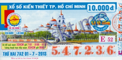 Mẫu vé sô xổ số Hồ Chí Minh ngày 1/7/2013