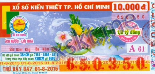 Mẫu vé sô xổ số Hồ Chí Minh ngày 1/8/2015