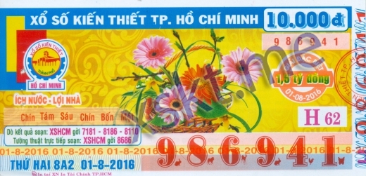 Mẫu vé sô xổ số Hồ Chí Minh ngày 1/8/2016